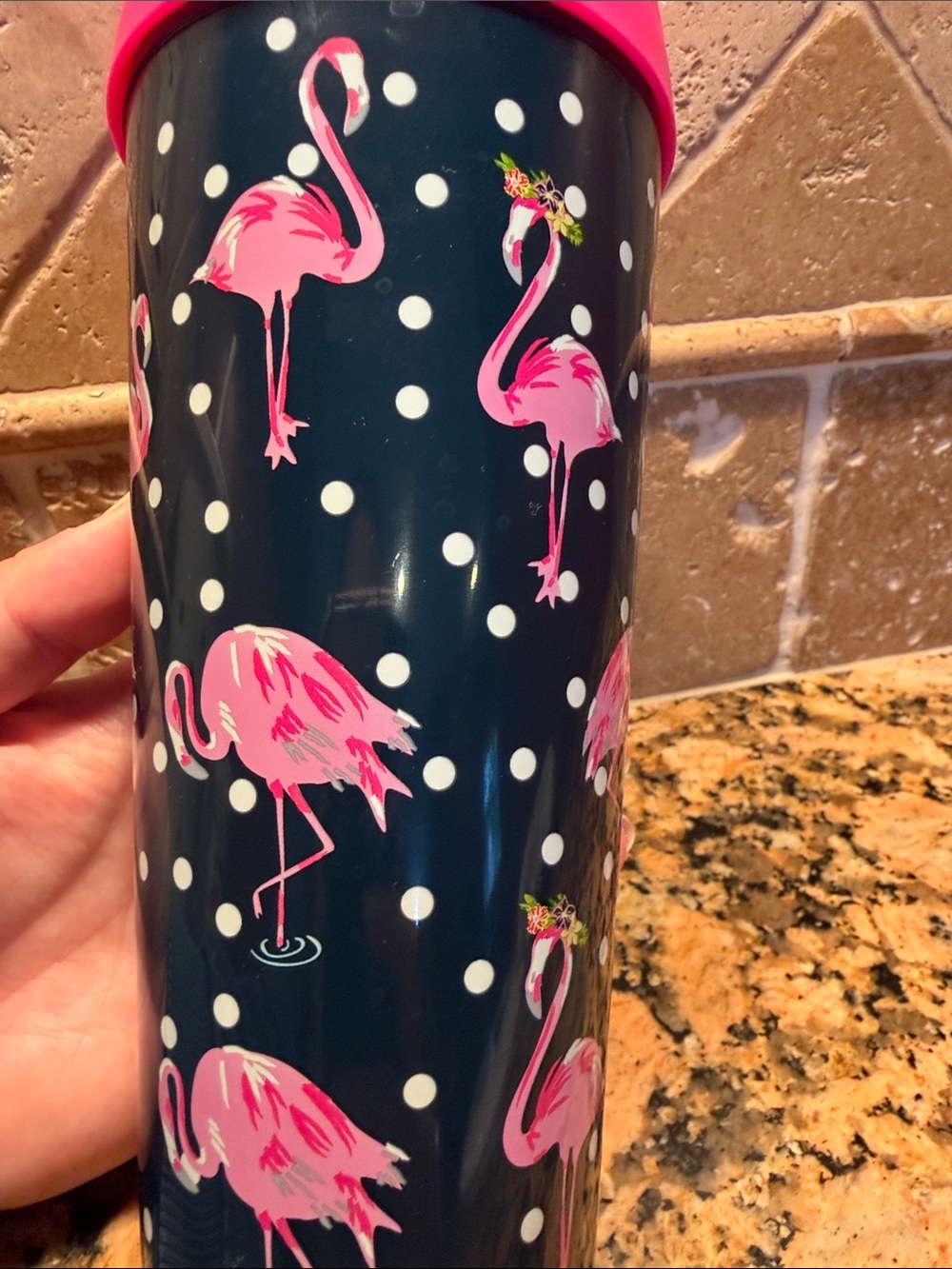 Vera Bradley Navy Tumbler with Pink Flamingos and White Polka Dots - Picture 3 of 6